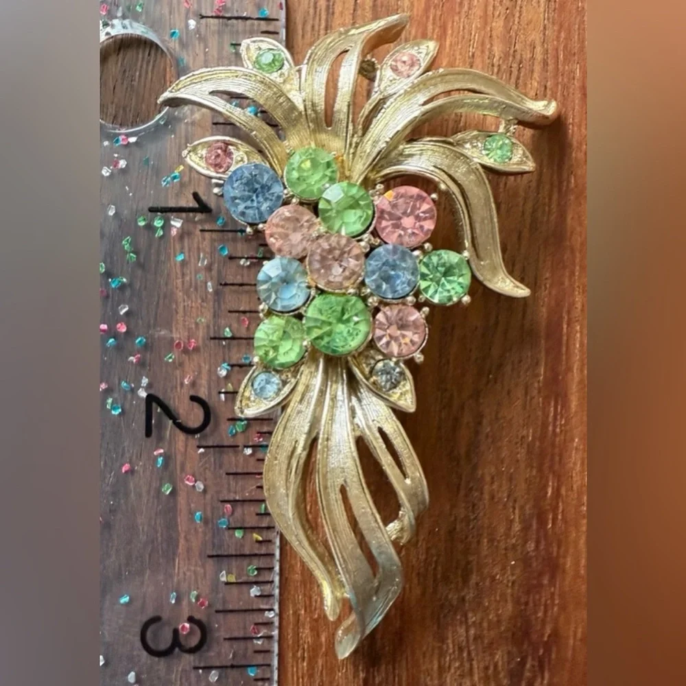 VTG Coro Uranium Glass Colorful Rhinestone Brooch Floral Fruit Gold Tone